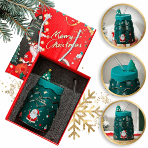 KUBEK ŚWIĄTECZNY - zestaw z silikonową pokrywką i rurką 400ml, zielony KB06ZIE