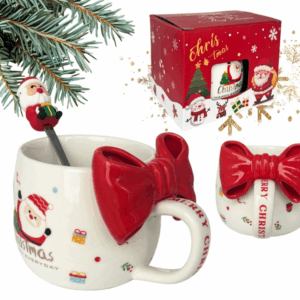 KUBEK ŚWIĄTECZNY Z KOKARDĄ - zestaw w pudełku z łyżeczką 400 ml KB25CZE